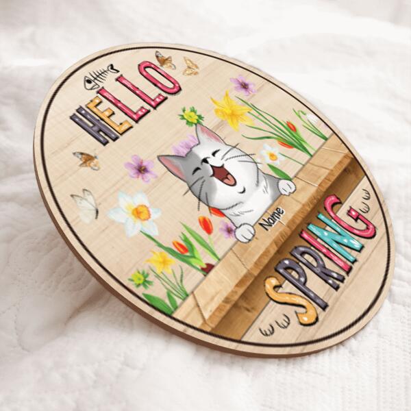 Custom Wooden Signs, Gifts For Cat Lovers, Hello Spring Floral Background Welcome Door Signs