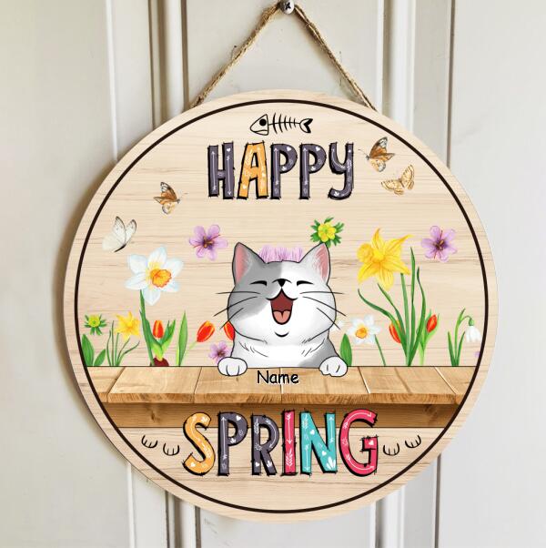 Custom Wooden Signs, Gifts For Cat Lovers, Happy Spring Floral Background Welcome Door Signs