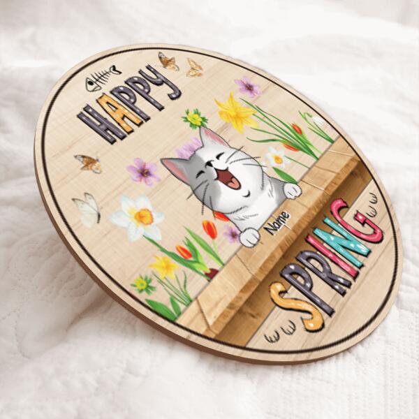 Custom Wooden Signs, Gifts For Cat Lovers, Happy Spring Floral Background Welcome Door Signs