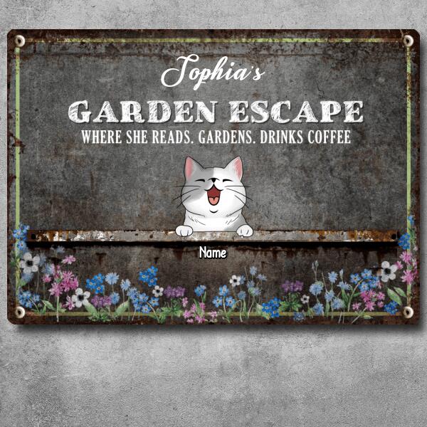 Metal Garden Sign, Gifts For Pet Lovers, Garden Escape When She Reads Gardens Drinks Coffee Flowers Vintage Signs