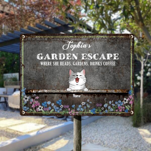 Metal Garden Sign, Gifts For Pet Lovers, Garden Escape When She Reads Gardens Drinks Coffee Flowers Vintage Signs