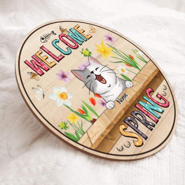 Custom Wooden Signs, Gifts For Cat Lovers, Spring Floral Background Welcome Door Signs, Housewarming Gifts