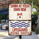 Metal Pool Sign, Gifts For Pet Lovers, Swim At Your Risk Lifeguard Doing Shots Funny Signs
