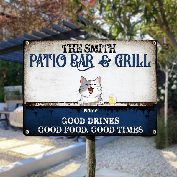 Metal Patio Bar & Grill Sign, Gifts For Pet Lovers, Good Drinks Good Food Good Times Personalized Family Sign
