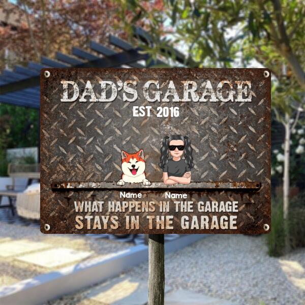 Welcome Metal Garage Sign, Gifts For Pet Lovers, Dad's Garage What Happens In The Garage Stays In The Garage