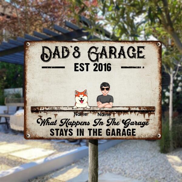 Welcome Metal Garage Sign, Gifts For Pet Lovers, Dad's Garage What Happens In The Garage Stays In  Vintage Style