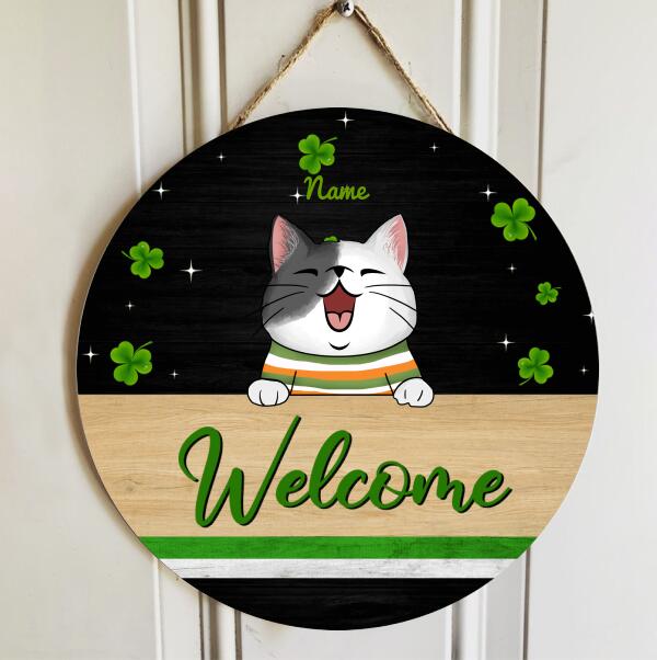 St. Patrick's Day Personalized Wood Sign, Gifts For Cat Lovers, Shamrock Welcome Signs