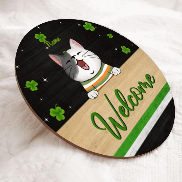 St. Patrick's Day Personalized Wood Sign, Gifts For Cat Lovers, Shamrock Welcome Signs