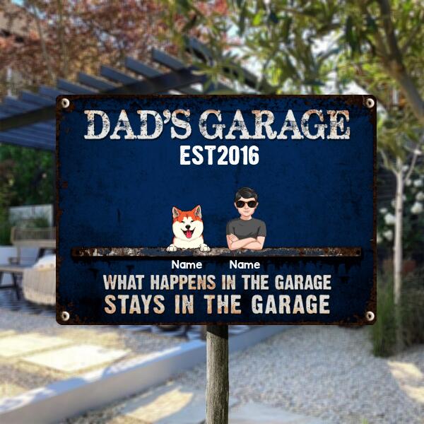 Welcome Metal Garage Sign, Gifts For Pet Lovers, Dad's Garage What Happens In The Garage Stays In Colorful Background