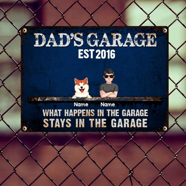 Welcome Metal Garage Sign, Gifts For Pet Lovers, Dad's Garage What Happens In The Garage Stays In Colorful Background