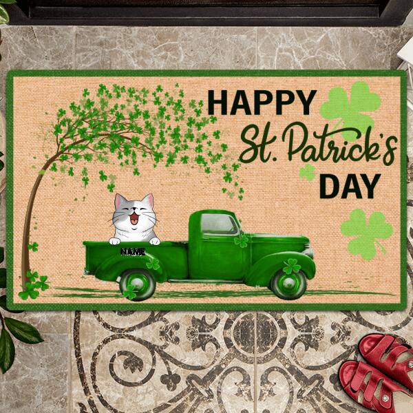 Personalized Dog & Cat Doormat, Happy St. Patrick Day Home Decor, Gifts For Pet Lovers, Dog & Cat In Green Truck