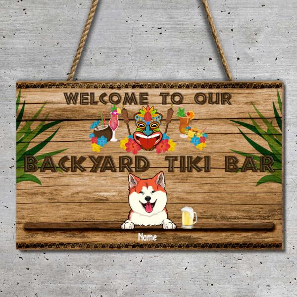Welcome Door Signs, Gifts For Pet Lovers, Welcome To Our Backyard Tiki Bar Rectangle Custom Wooden Signs