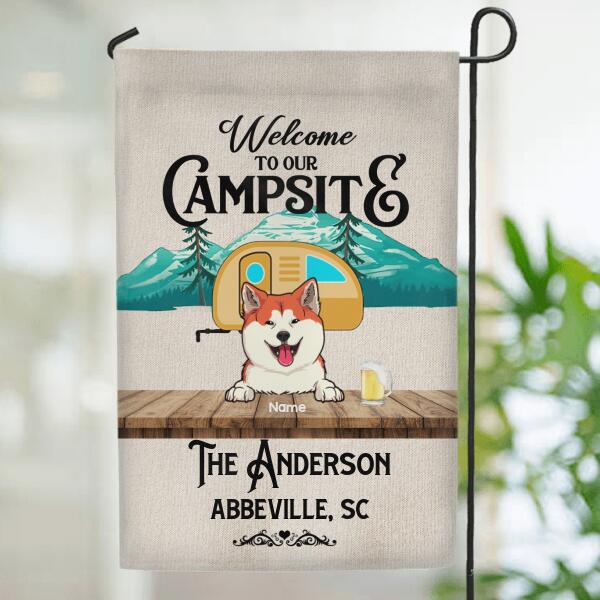 Personalized Dog & Cat Garden Flag, Gifts For Pet Lovers, Welcome To Our Campsite Mountain Flag, Yellow Camper Van