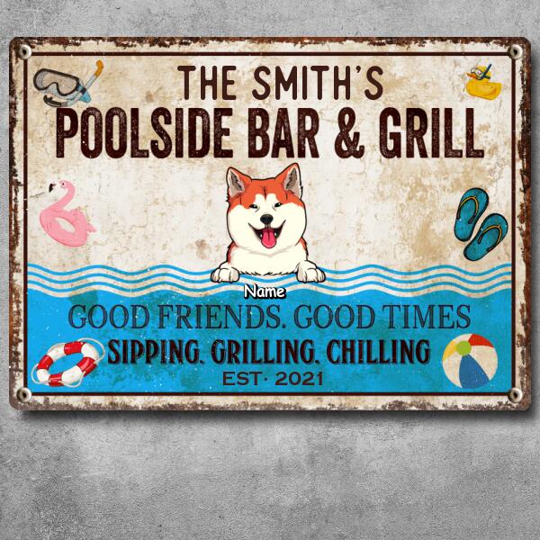 Metal Pool Sign, Gifts For Pet Lovers, Poolside Bar & Grill Funny Signs, Good Friends Good Times Sipping Grilling