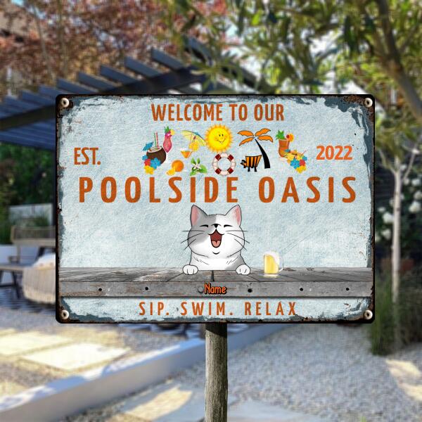 Metal Pool Signs, Gifts For Pet Lovers, Poolside Oasis Sip Swim Relax Hawaii Style Welcome Signs
