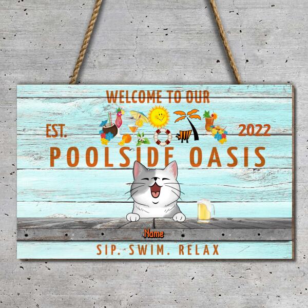 Custom Wooden Signs, Gifts For Pet Lovers, Poolside Oasis Sip Swim Relax Hawaii Style Rectangle Welcome Signs