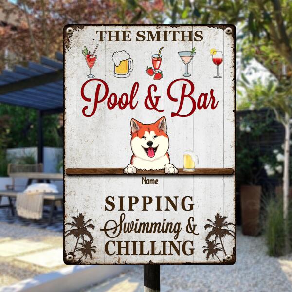 Metal Pool & Bar Signs, Gifts For Pet Lovers, Sipping Swimming & Chilling Drink Personalized Home Signs