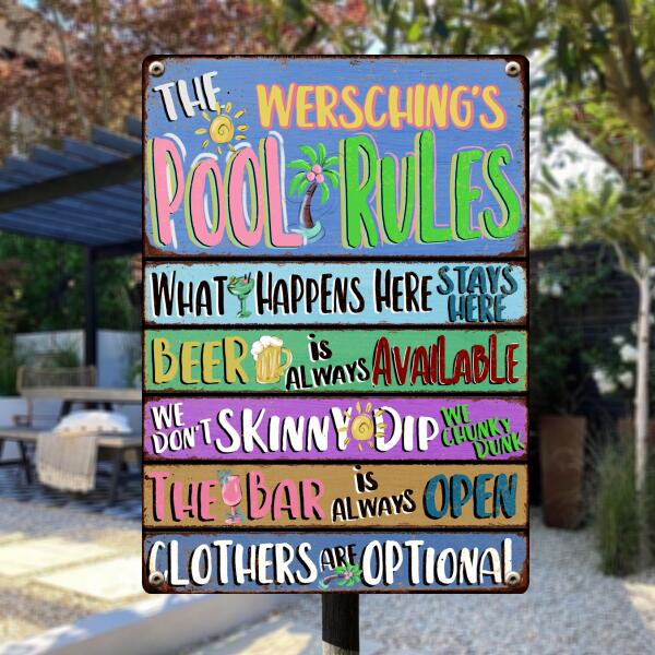 Metal Pool Signs, Gifts For Family, We Don't Skinny Dip We Chunky Dunk The Bar Is Always Open Pool Rules Sign