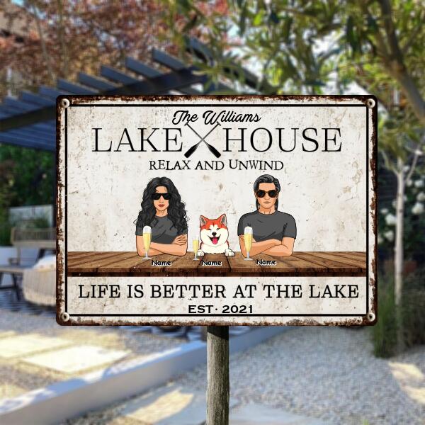 lake house decor Metal Lake House Sign, Gifts For Pet Lovers, Relax And Unwind Life Is Better At The Lake Personalized Family Sign