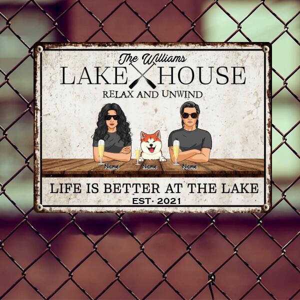 lake house decor Metal Lake House Sign, Gifts For Pet Lovers, Relax And Unwind Life Is Better At The Lake Personalized Family Sign