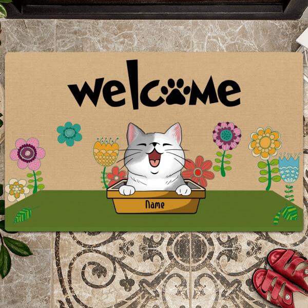 Personalized Spring Cat Doormat, Garden Cat Welcome Mat, Rustic Home Decor, Gifts For Cat Lovers