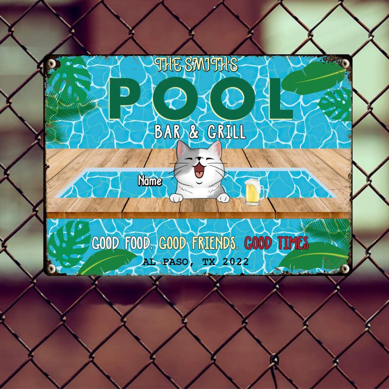 Metal Pool Bar & Grill Sign, Gifts For Pet Lovers, Good Food Good Friends Good Times Dog & Cat In A Pool