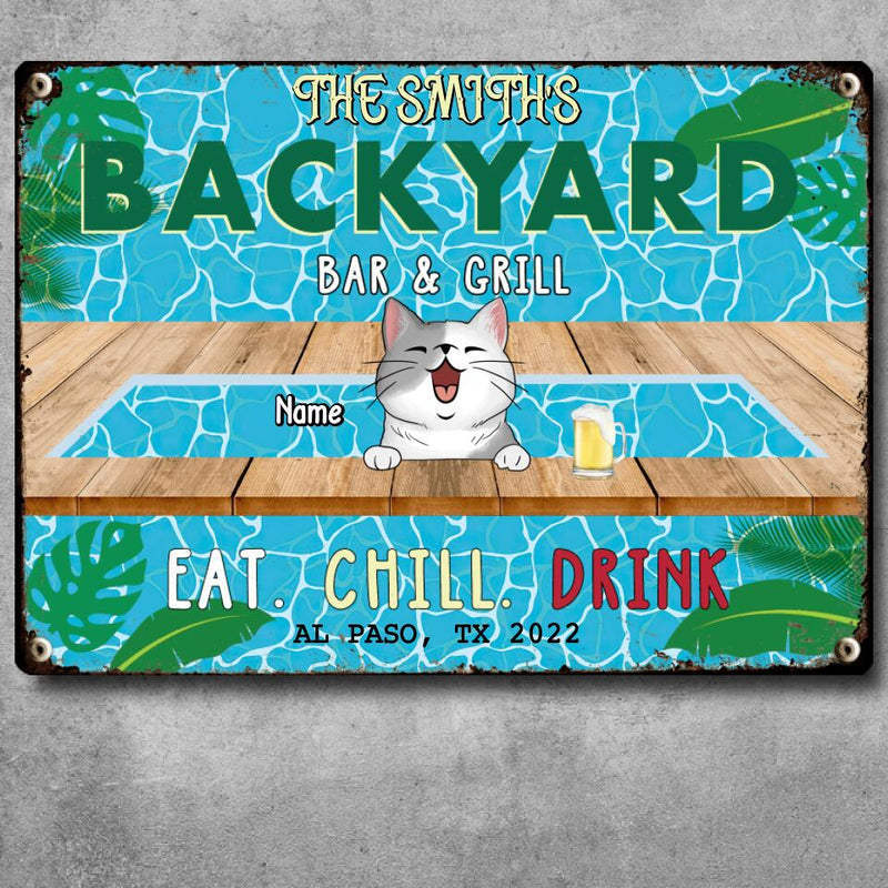 Metal Backyard Bar & Grill Sign, Gifts For Pet Lovers, Eat Chill Drink Dog & Cat In A Pool