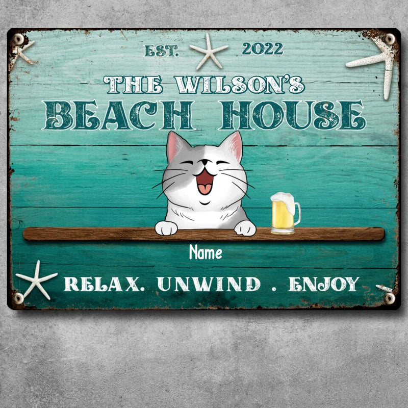 Metal Yard Sign, Gifts For Pet Lovers, Beach House Relax Unwind Enjoy Personalized Home Sign