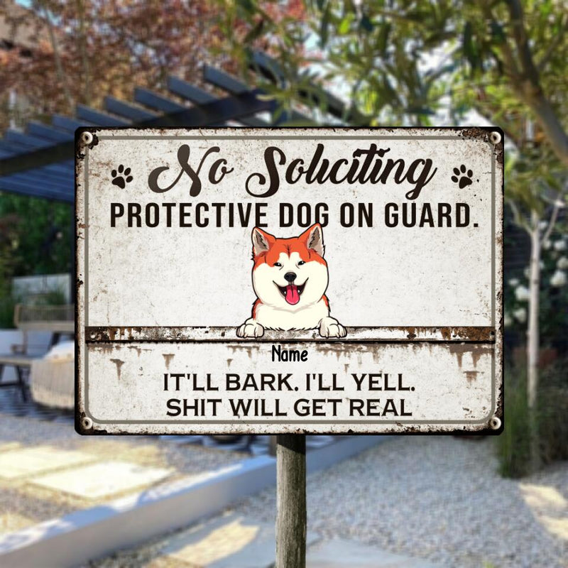 Metal Yard Sign, Gifts For Dog Lovers, No Soliciting Protective Dogs On Guard They'll Bark Vintage Signs