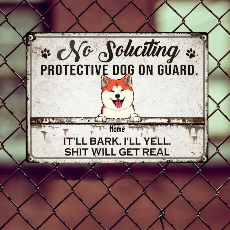 Metal Yard Sign, Gifts For Dog Lovers, No Soliciting Protective Dogs On Guard They'll Bark Vintage Signs