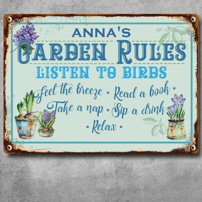 Metal Garden Sign, Gardens Rules Listen To Birds Feel The Breeze Read A Book Take A Nap Sip A Drink Vintage Sign