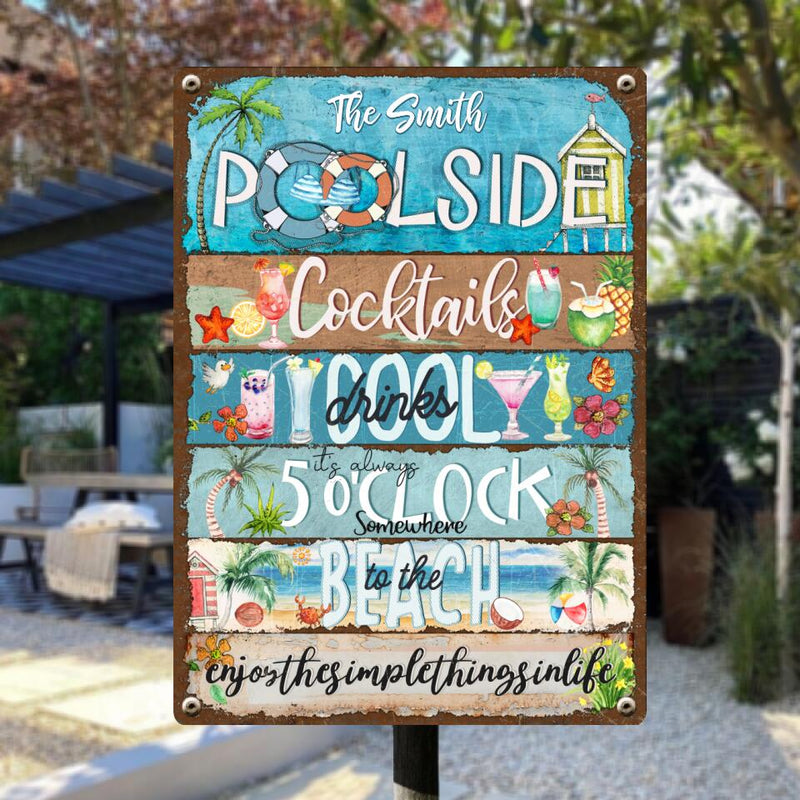 Metal Poolside Sign, Gifts For Family, Cocktails Cool Drinks It's Always 5 O'clock Hawaiian Styles Signs