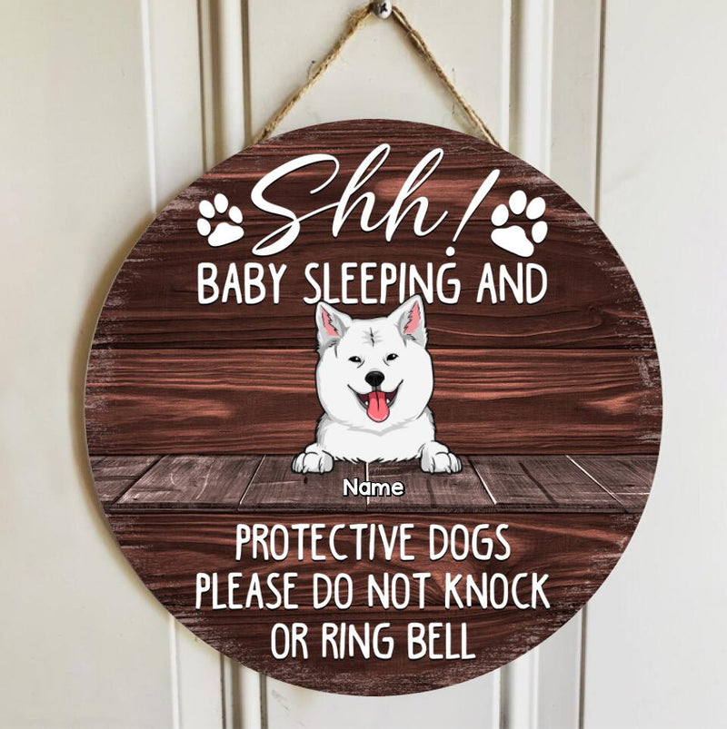 Custom Wooden Sign, Gifts For Dog Lovers, Shh Sleeping Baby And Protective Dogs Please Do Not Knock