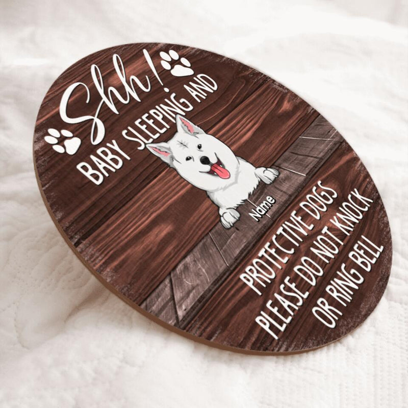 Custom Wooden Sign, Gifts For Dog Lovers, Shh Sleeping Baby And Protective Dogs Please Do Not Knock