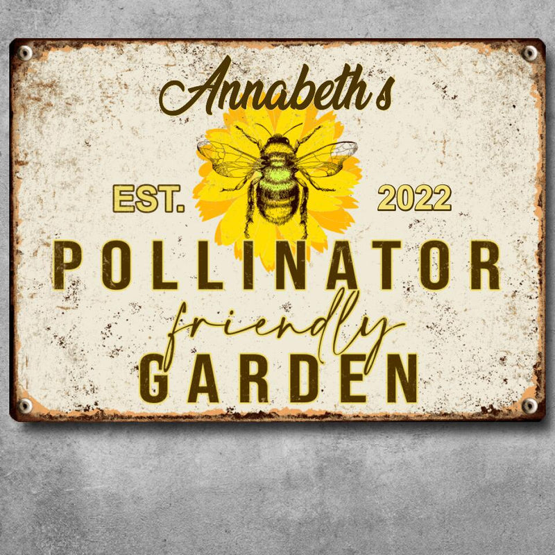 Metal Garden Sign, Pollinator Friendly Garden Bee And Flower, Personalized Housewarming Gifts