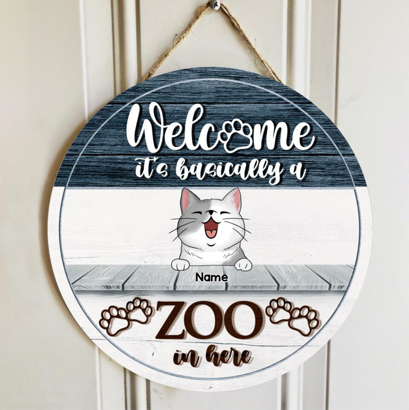 Personalized Wood Signs, Gifts For Cat Lovers, It's Basically A Zoo In Here Welcome Door Signs