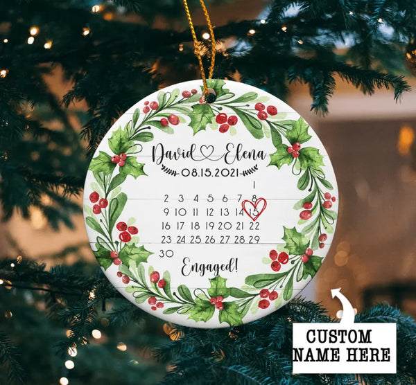 Personalized Engaged Ornament, Engagement Ornament with Calendar, Date of Engagement Christmas Ornament, Custom Engagement Gift, Couple Gift