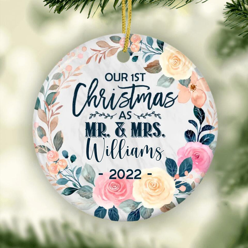 First Christmas Married Ornament, Our First Christmas as Mr and Mrs Ornament, Floral Christmas Ornament, Personalized Ornament, Couple Gift