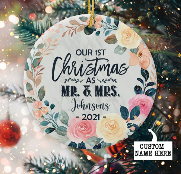 First Christmas Married Ornament, Our First Christmas as Mr and Mrs Ornament, Floral Christmas Ornament, Personalized Ornament, Couple Gift