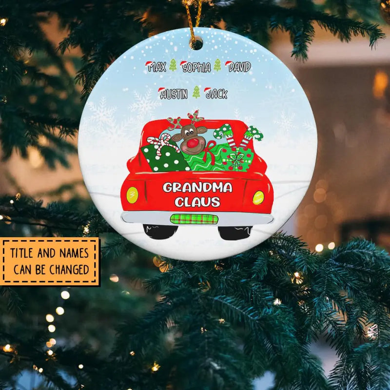 Grandma Claus Christmas Ornaments, Custom Grandma Ornament With GrandKids Name, Christmas Truck Ornament, Gift For Grandma, Christmas Gift