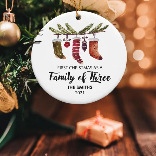 First Christmas As A Family of Three Ornament, Personalized Christmas Ornament, Stocking Stuffer, Custom Family Ornament, Family of 3 Gift