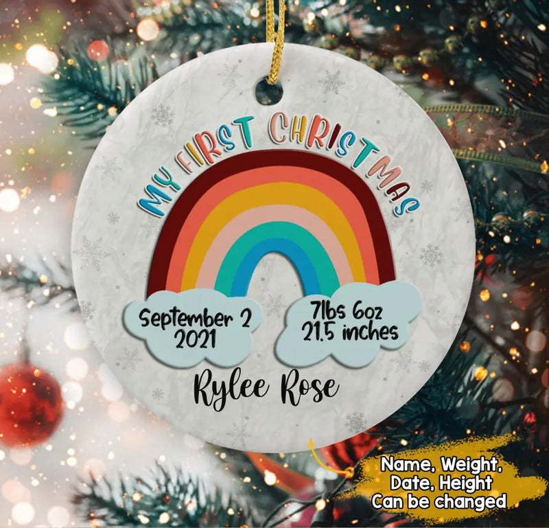 New Baby Ornament, Baby's First Christmas Ornament, Rainbow Ornament, New Mom Gift, Birth Stats, First Christmas Bauble, Ornament Keepsake