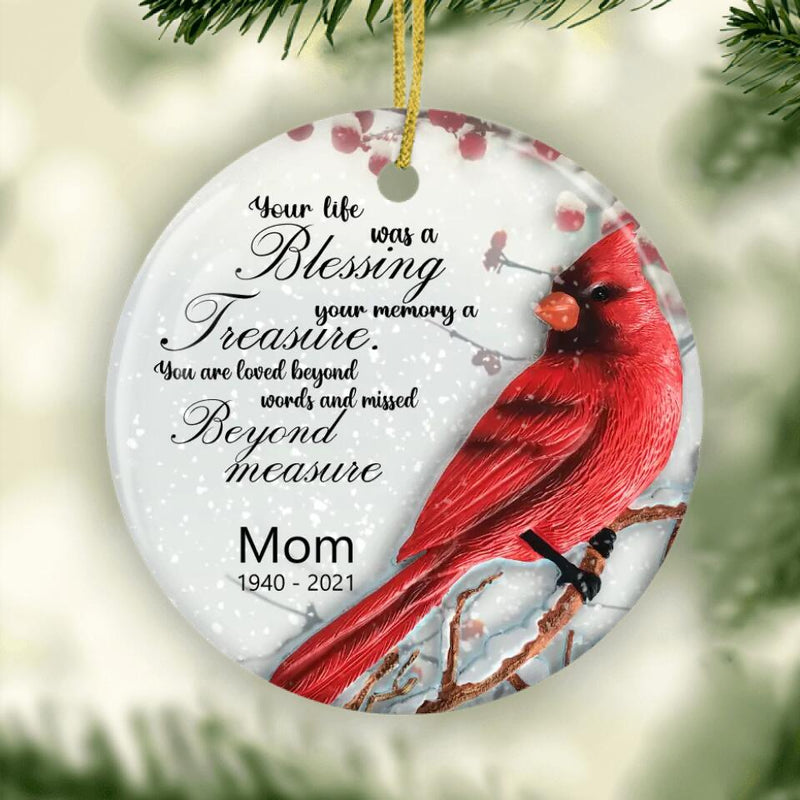 Cardinal Memorial Christmas Ornament, Your Life Was A Blessing, Personalized Memorial Ornament, Sympathy Gift, Christmas Tree Decorations