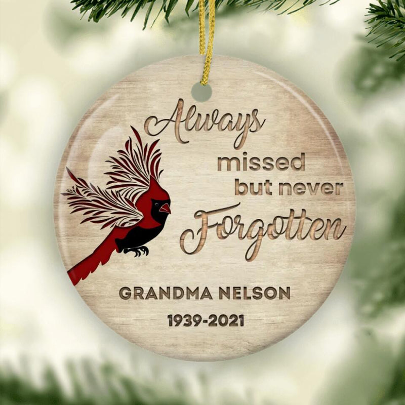 Personalized Memorial Ornament, Always Missed But Never Forgotten, Cardinal Memorial Christmas Ornament, Loss of Loved One, Memorial Gift