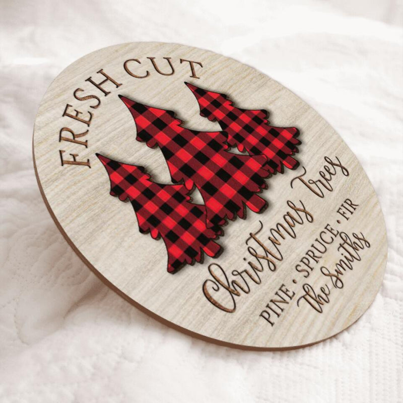 Red Buffalo Plaid Christmas Trees Door Hanger, Personalized Family Name Sign, Custom Front Door Sign, Christmas Sign, Christmas Door Decor