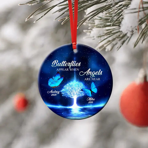 Personalized Blue Butterflies Memorial Ornament, Butterflies Appear When Angels Are Near, Remembrance Keepsake, Loss Of Dad Mom Ornament