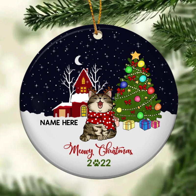 Meowy Christmas 2022 Stars Night Sky Circle Ceramic Ornament - Personalized Cat Lovers Decorative Christmas Ornament