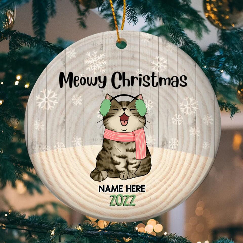 Meowy Christmas 2022 Gray Wooden Circle Ceramic Ornament - Personalized Cat Lovers Decorative Christmas Ornament
