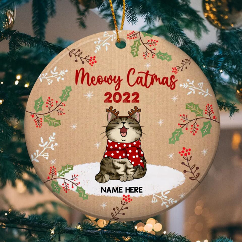 Personalised Meowy Catmas 2022 Brown Circle Ceramic Ornament - Personalized Cat Lovers Decorative Christmas Ornament