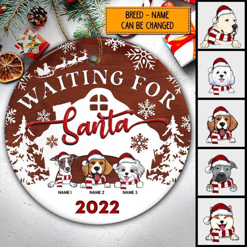 Waiting For Santa 2022 Brown Wooden Circle Ceramic Ornament - Personalized Dog Lovers Decorative Christmas Ornament